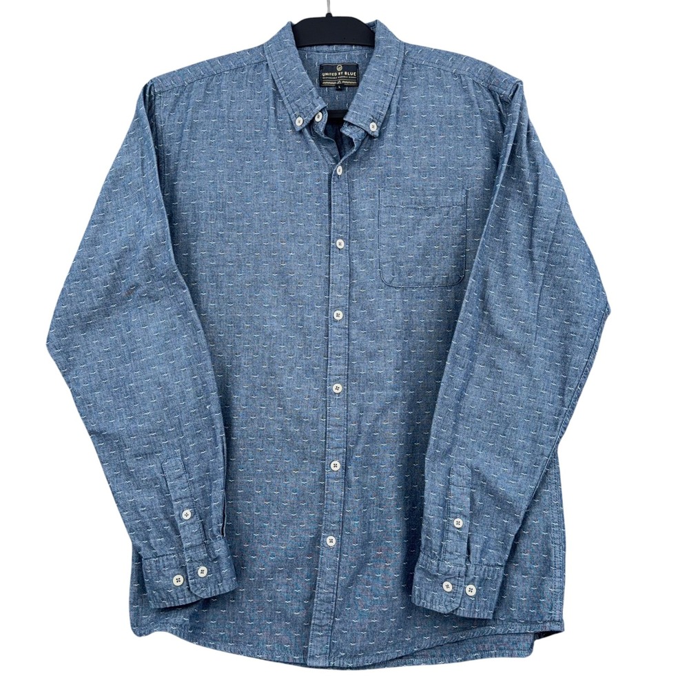 United By Blue Button Down Mens L 100% Organic Cotton Blue Bird Print Shirt